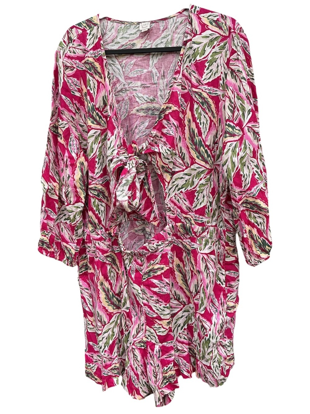 LOFT Beach Linen Romper XXL Pink Tropical Print Tie Front Cover Up Pockets